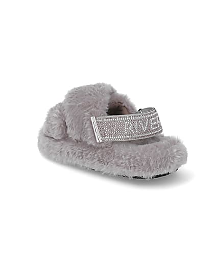 360 degree animation of product Girls grey faux fur diamante trim slippers frame-6