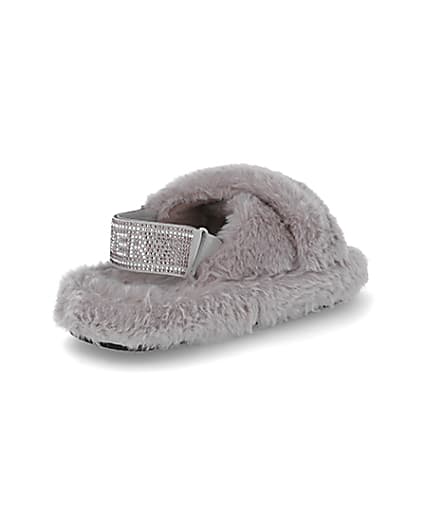 360 degree animation of product Girls grey faux fur diamante trim slippers frame-12