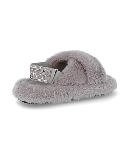 360 degree animation of product Girls grey faux fur diamante trim slippers frame-13