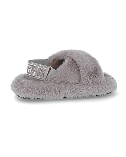 360 degree animation of product Girls grey faux fur diamante trim slippers frame-14