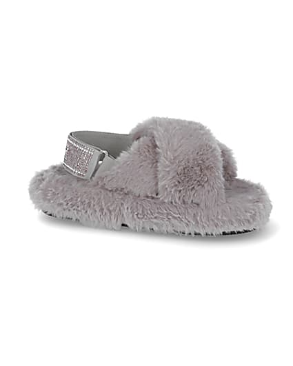 360 degree animation of product Girls grey faux fur diamante trim slippers frame-16