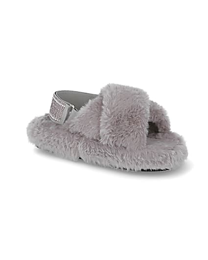 360 degree animation of product Girls grey faux fur diamante trim slippers frame-17
