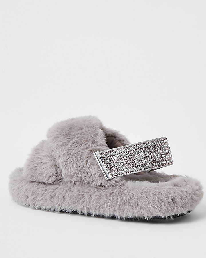 Girls grey faux fur diamante trim slippers