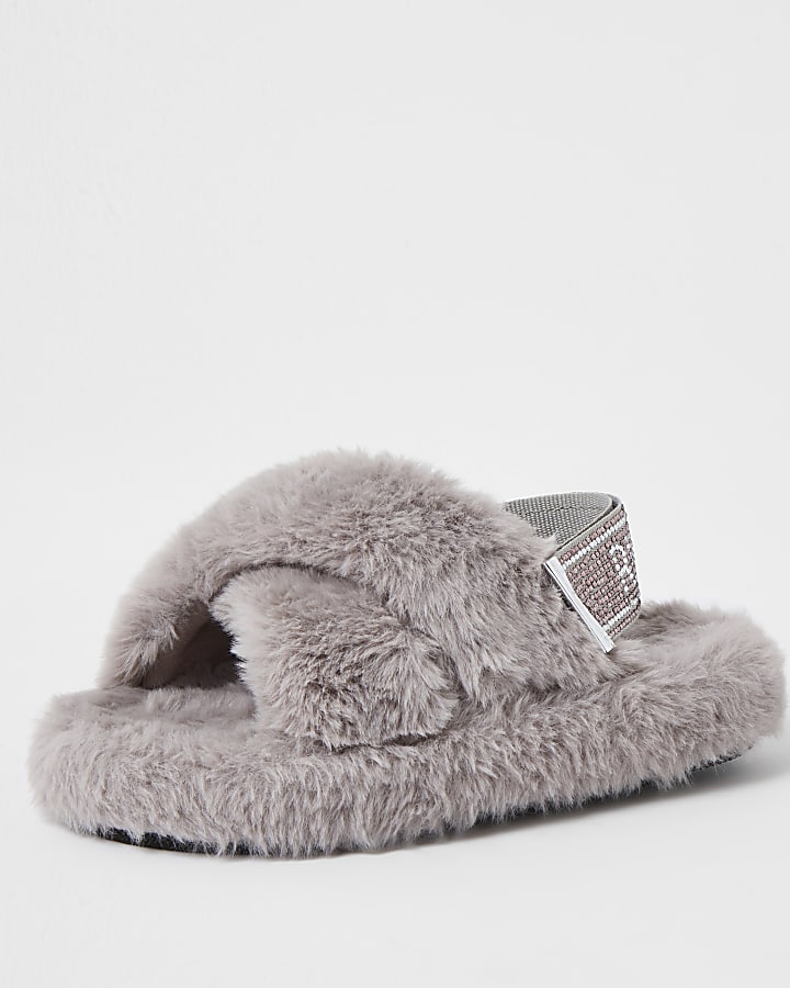 Girls grey faux fur diamante trim slippers