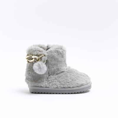 Girls grey faux fur high top slipper boots River Island