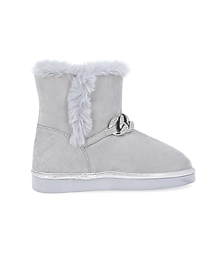 360 degree animation of product Girls grey faux fur lined chain boots frame-14