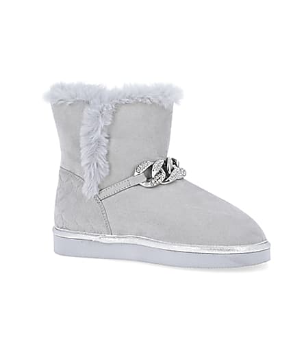 360 degree animation of product Girls grey faux fur lined chain boots frame-16