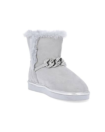 360 degree animation of product Girls grey faux fur lined chain boots frame-18