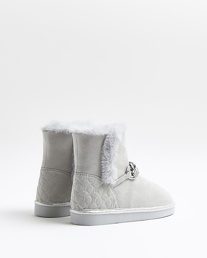 Girls grey faux fur lined chain boots