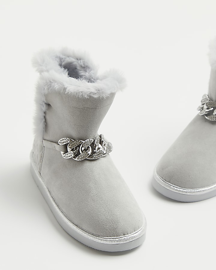 Girls grey faux fur lined chain boots