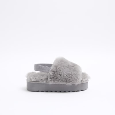 Girls Grey Faux Fur Platform Slippers