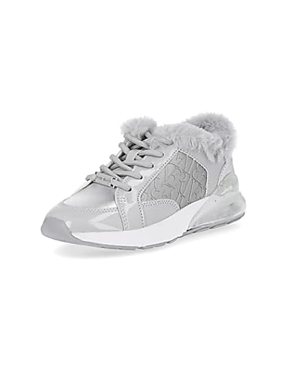 360 degree animation of product Girls grey faux fur RI monogram trainers frame-0