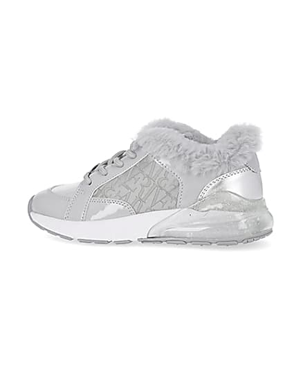 360 degree animation of product Girls grey faux fur RI monogram trainers frame-4