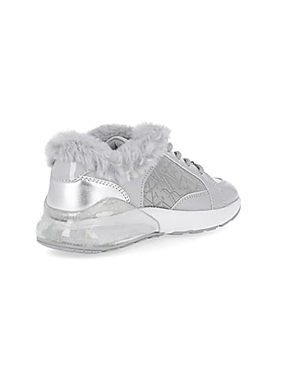 360 degree animation of product Girls grey faux fur RI monogram trainers frame-12