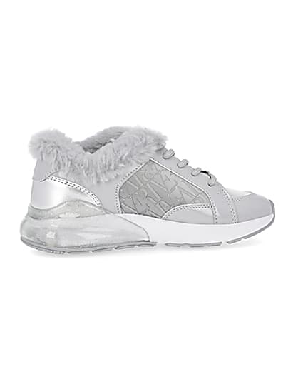 360 degree animation of product Girls grey faux fur RI monogram trainers frame-14