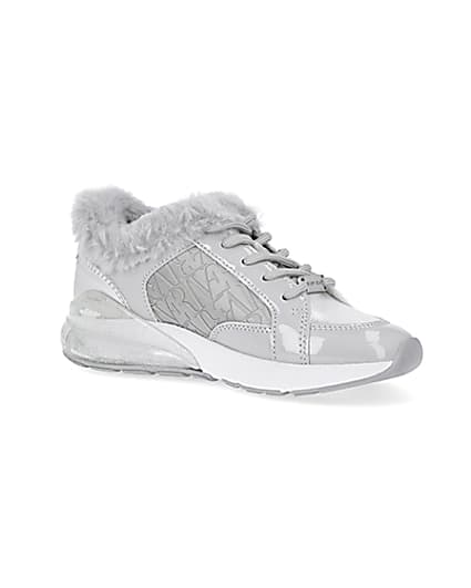 360 degree animation of product Girls grey faux fur RI monogram trainers frame-17
