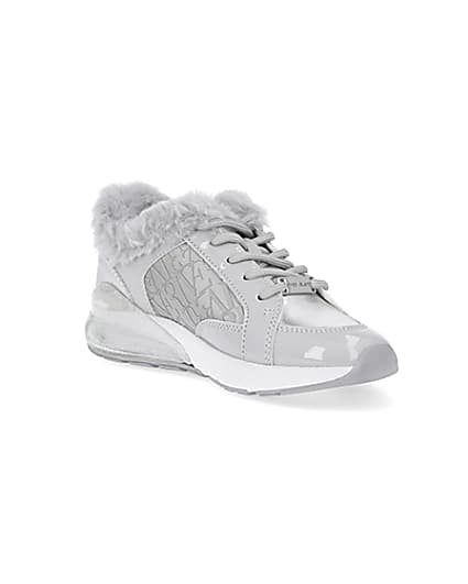 360 degree animation of product Girls grey faux fur RI monogram trainers frame-18