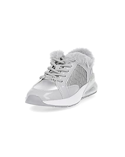 360 degree animation of product Girls grey faux fur RI monogram trainers frame-23