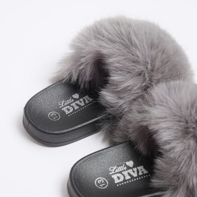 Girls grey faux fur sliders River Island