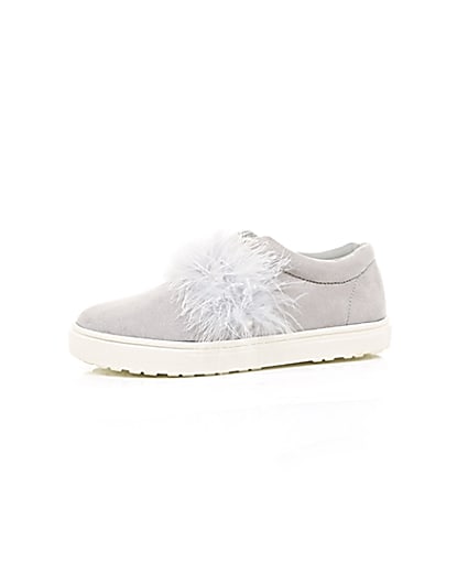 360 degree animation of product Girls grey feather slip on plimsolls frame-23