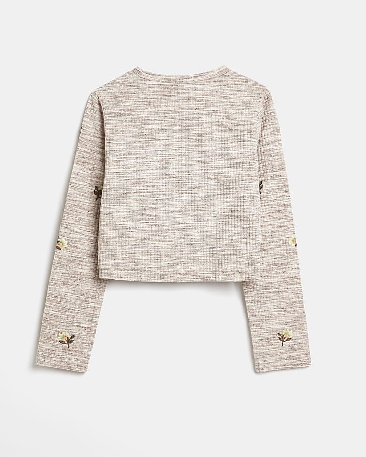 Girls grey floral embroidery long sleeve top