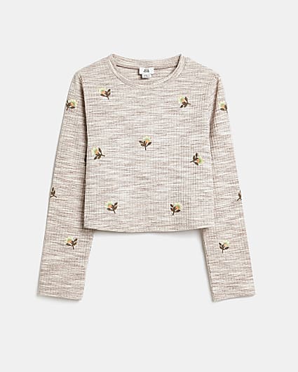 Girls grey floral embroidery long sleeve top
