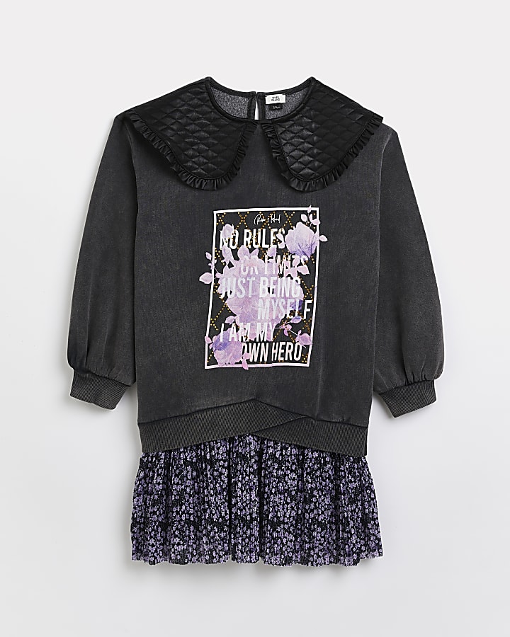 Girls grey floral quilted collar sweat dress