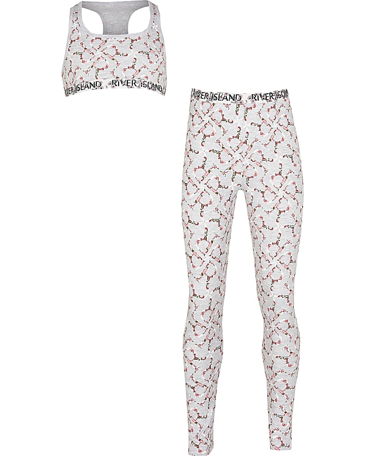 Girls grey floral RI monogram leggings set