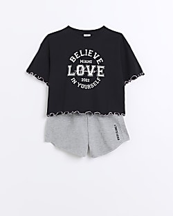 Girls grey graphic frill t-shirt set