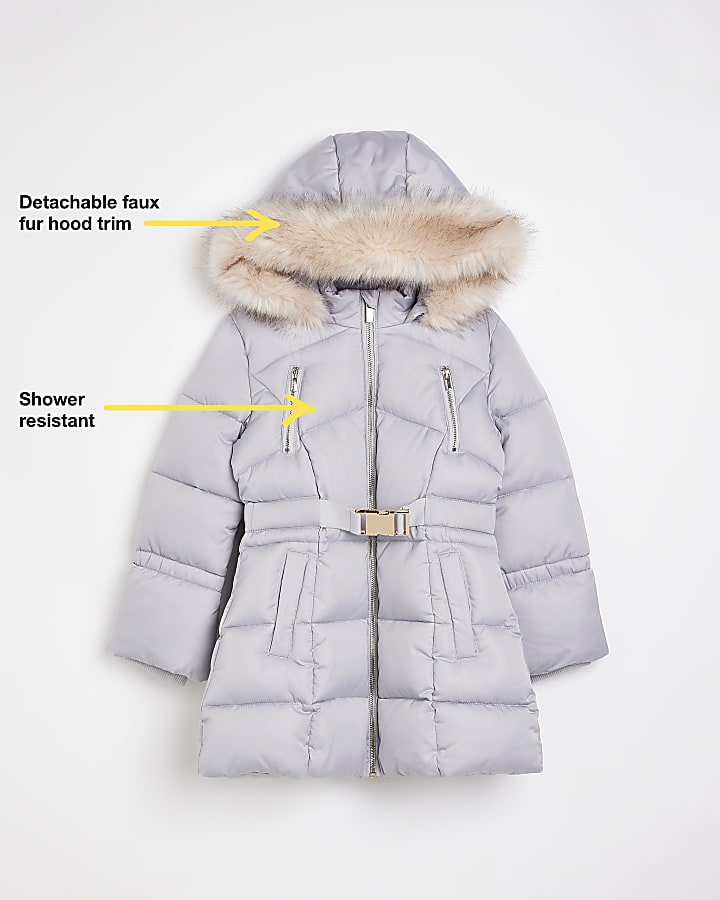 Girls Grey hooded belted puffer coat