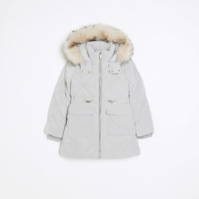 River Island Silver Reflective Hooded Puffer Coat in Gray