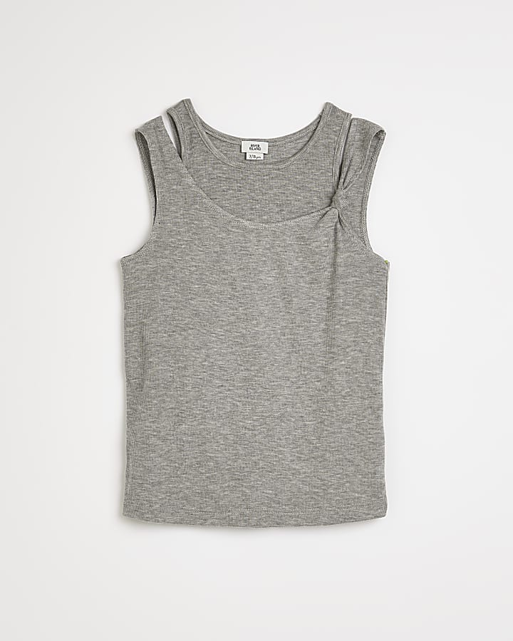 Girls grey knot strap double vest top