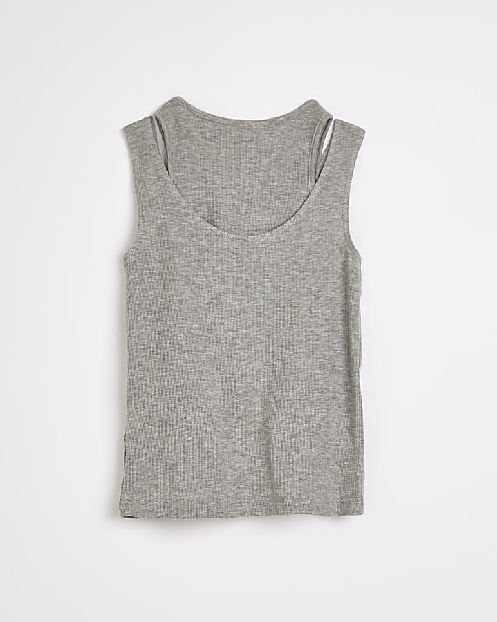 Girls grey knot strap double vest top