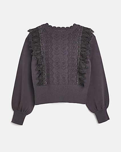 Girls grey lace frill knitted jumper