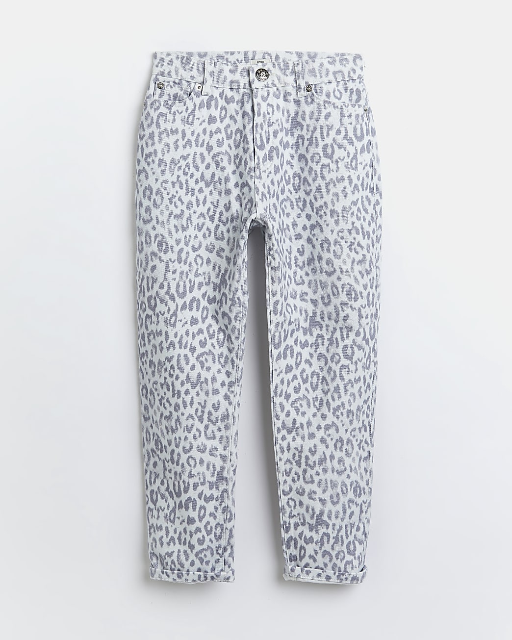 Girls grey leopard print mom jeans