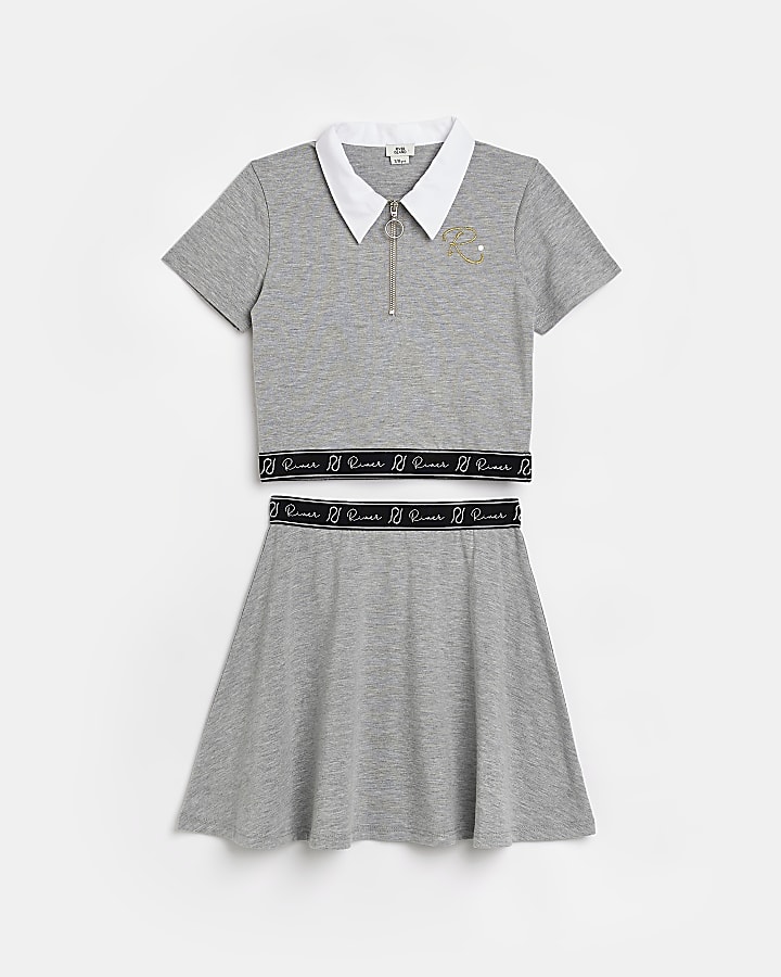 Girls Grey Polo shirt and skirt outfit