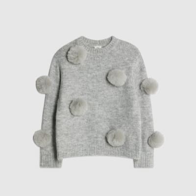 Girls Grey Pom Pom Jumper