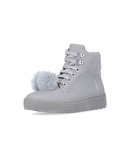 360 degree animation of product Girls Grey Pom Pom Quilted High Top Boots frame-0