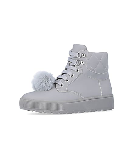 360 degree animation of product Girls Grey Pom Pom Quilted High Top Boots frame-1