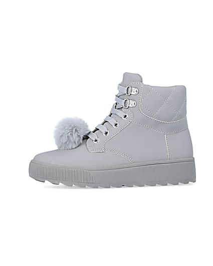 360 degree animation of product Girls Grey Pom Pom Quilted High Top Boots frame-2