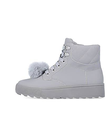 360 degree animation of product Girls Grey Pom Pom Quilted High Top Boots frame-3