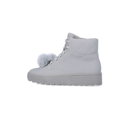 360 degree animation of product Girls Grey Pom Pom Quilted High Top Boots frame-4