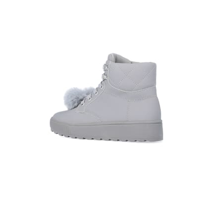 360 degree animation of product Girls Grey Pom Pom Quilted High Top Boots frame-5