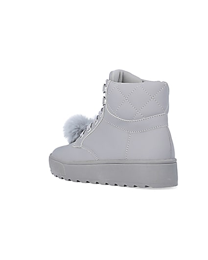 360 degree animation of product Girls Grey Pom Pom Quilted High Top Boots frame-6