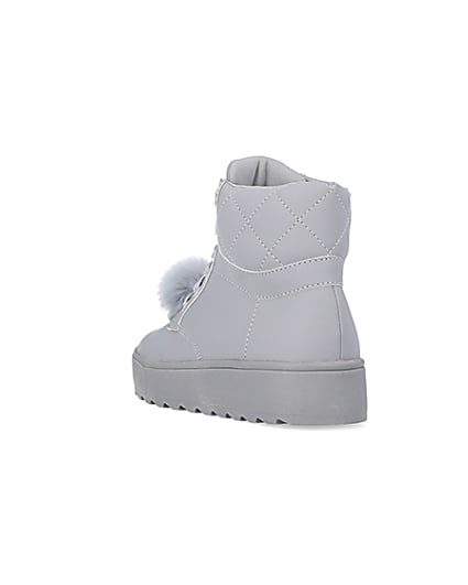 360 degree animation of product Girls Grey Pom Pom Quilted High Top Boots frame-7