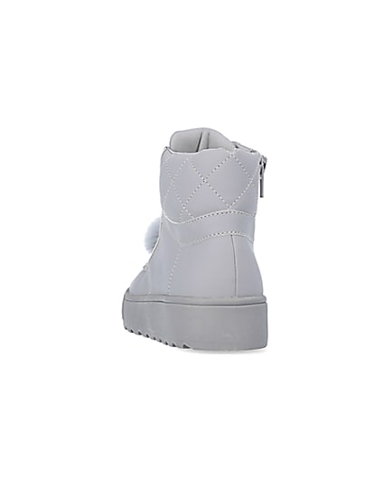 360 degree animation of product Girls Grey Pom Pom Quilted High Top Boots frame-8