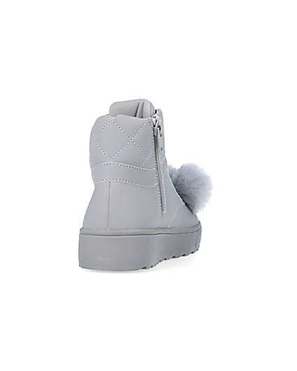 360 degree animation of product Girls Grey Pom Pom Quilted High Top Boots frame-10