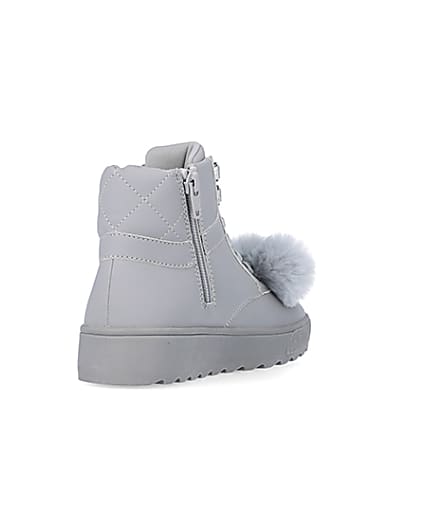 360 degree animation of product Girls Grey Pom Pom Quilted High Top Boots frame-11