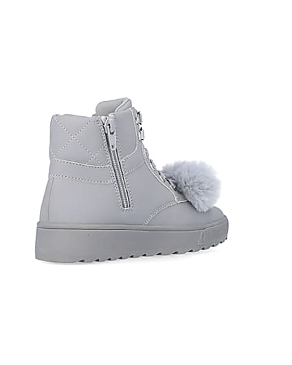 360 degree animation of product Girls Grey Pom Pom Quilted High Top Boots frame-12