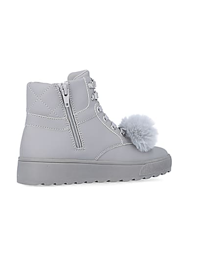 360 degree animation of product Girls Grey Pom Pom Quilted High Top Boots frame-13